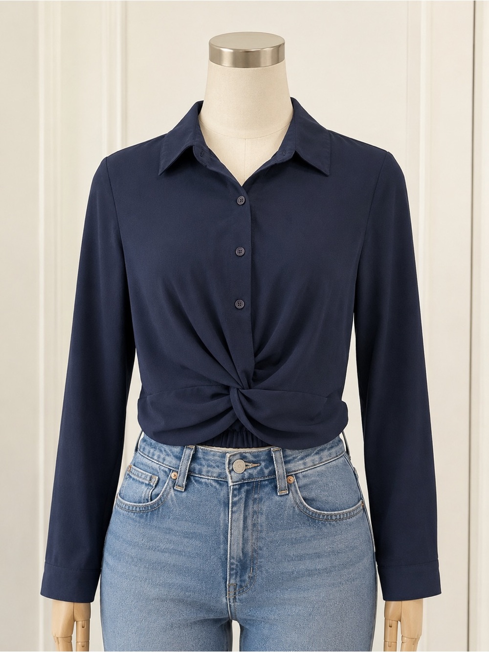 Lulus Navy Blue Twist Front Long Sleeve Button-Up Blouse - Size M